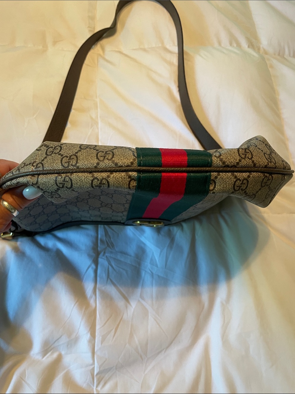 Gucci Brown GG Canvas Shoulder Bag with Green & Red Stripe - Picture 12 of 16